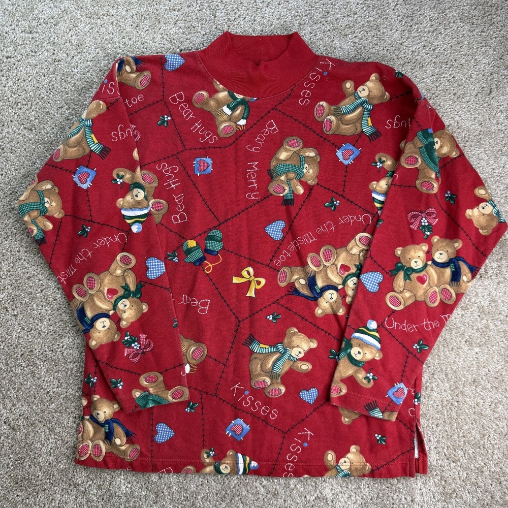 Vintage Holiday Time Shirt Womens Small Red Teddy Bear Christmas Long Sleeve Top